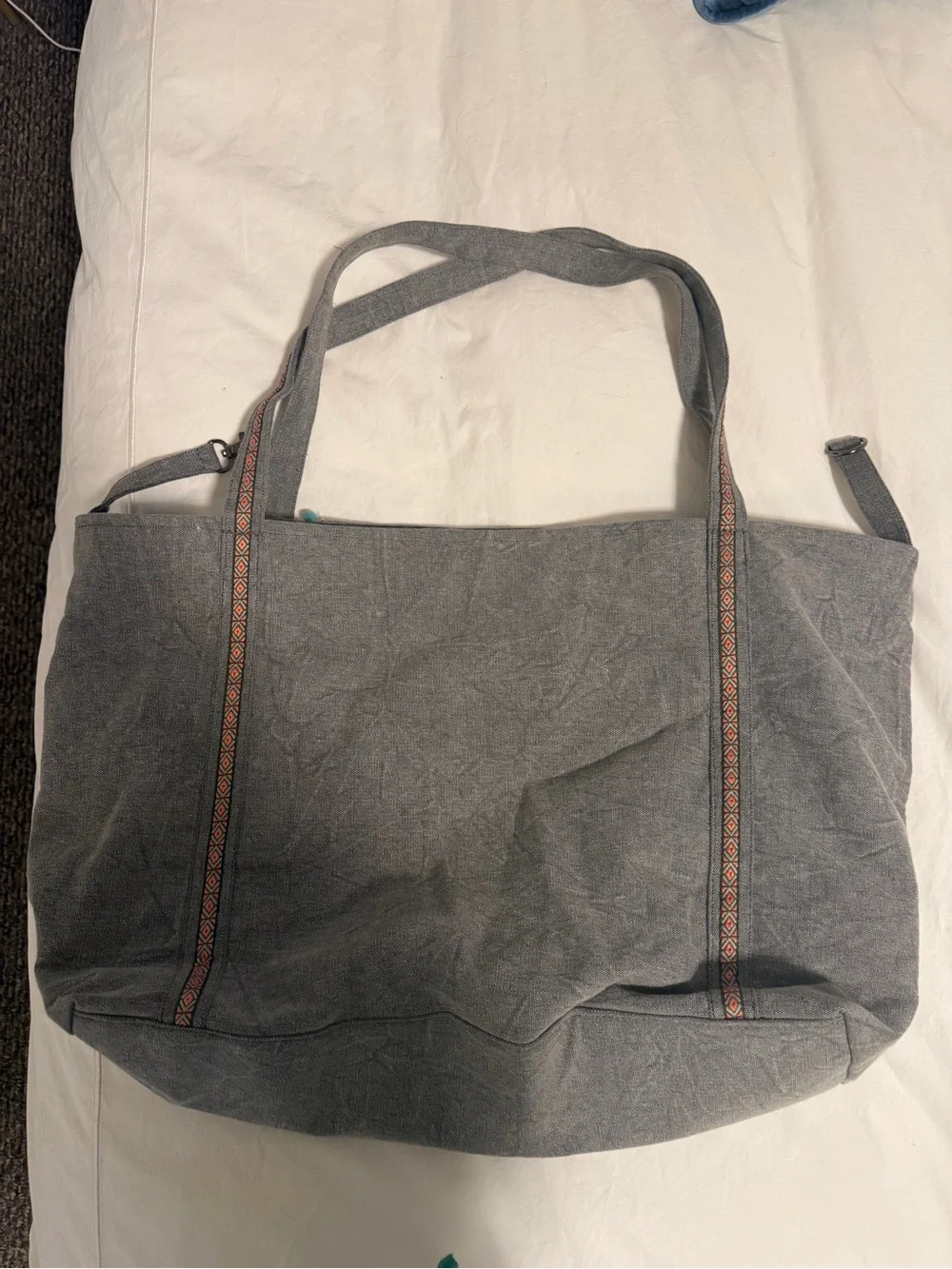 Gray Embroidered Geometric Tote with Multicolor Trim